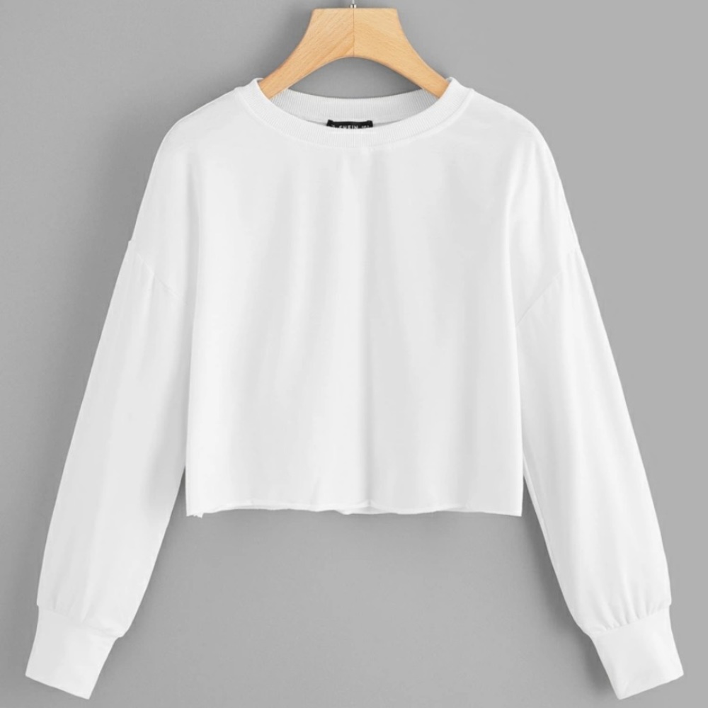 SHEIN White Solid Raw-Cut Cropped Pullover
